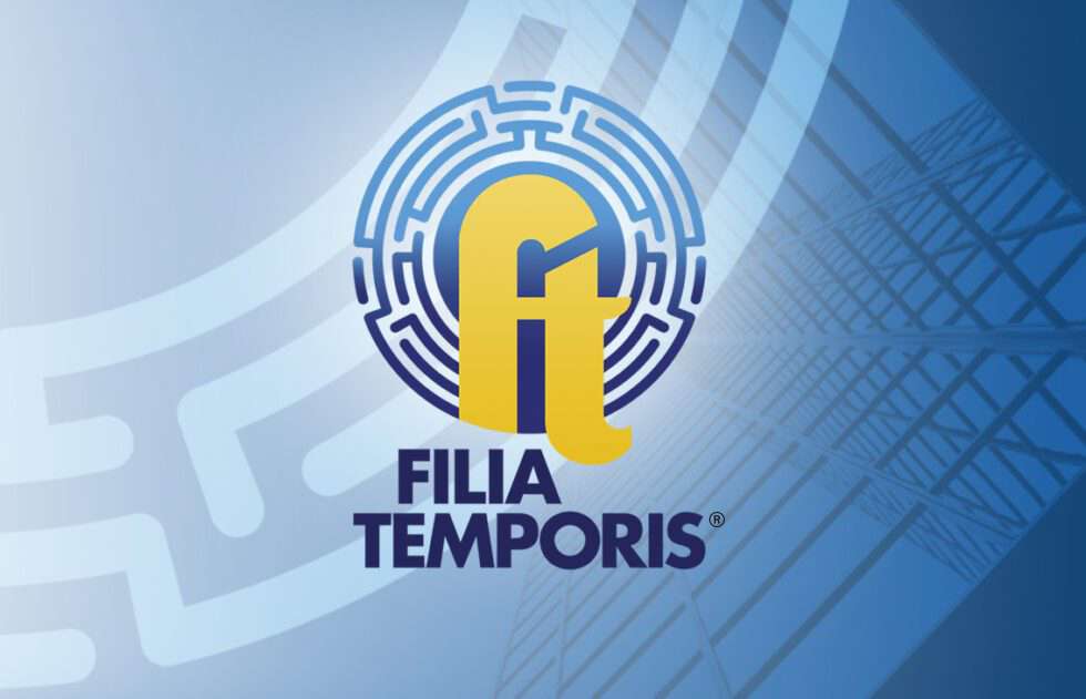 Logo Filia Temporis sur fond bleu.